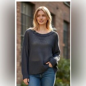 J. Crew Knit 100% Linen Sweater Navy Blue Mesh Crew Neck Long Sleeve